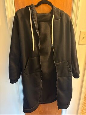 Black Tunic Length Hooded Zip-Up Fleece Coatigan with White Drawstrings